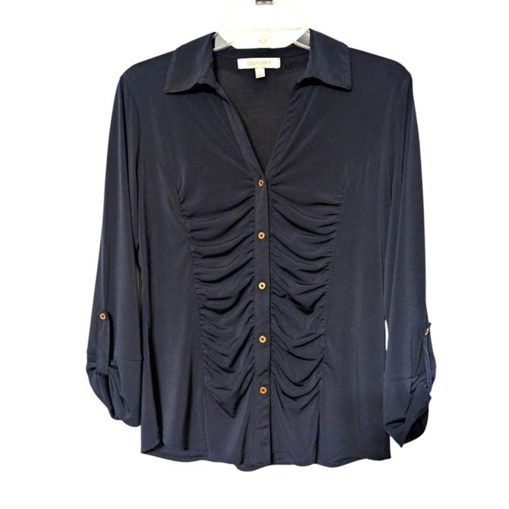 Ellen Tracy Navy Blue‎ V-neckline Gathered Button Front 3/4 Sleeve Blouse Size S